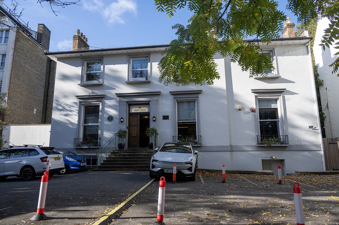 The white Georgian facade of Abbey Road Studios in St John's Wood, London.