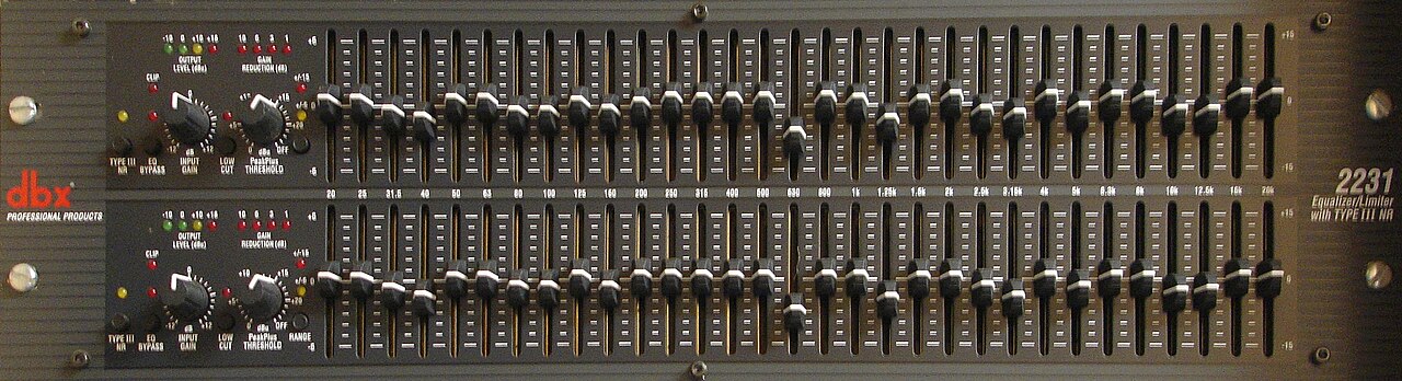 A dbx graphic equaliser for a 19-inch rack, its frequency bands set by a row of sliders.