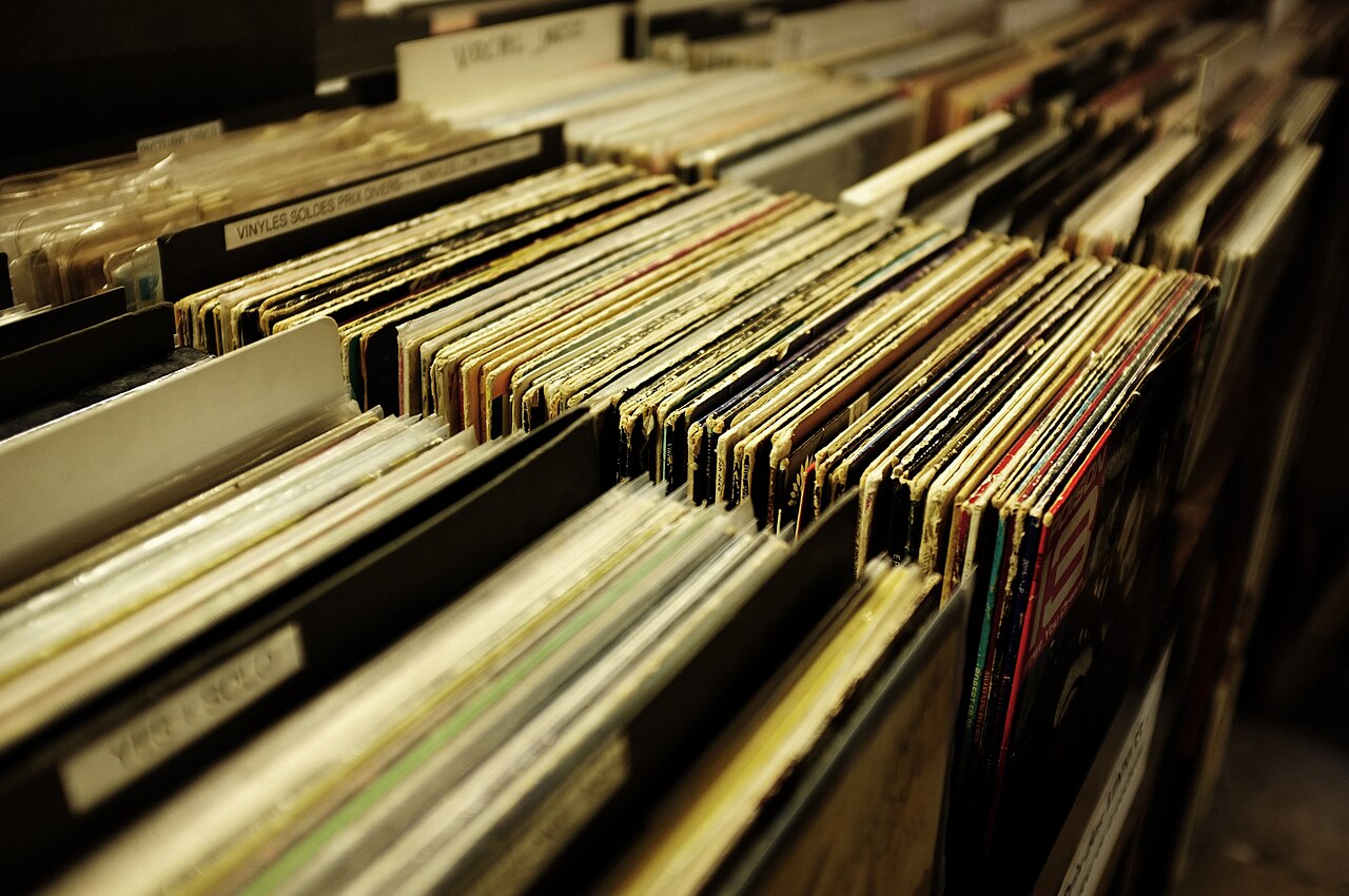 Racks of vinyl LPs in a record shop.